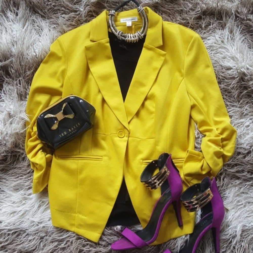 Yellow Knit Blazer with Shirred Sleeves